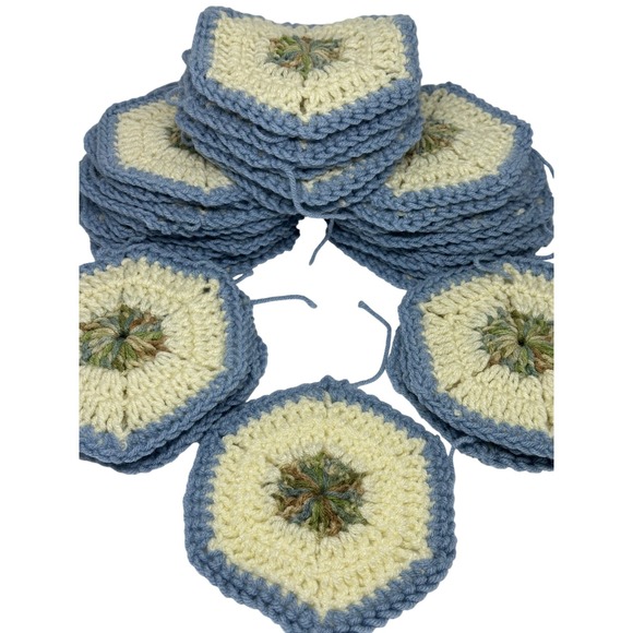 Handmade Other - Handmade Crochet Hexagon Granny Squares Lot Blue Cream Excellent Craft Motifs